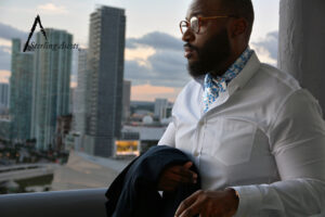 The Shinjuku Sterling Ascot paired with a white dress shirt and navy blue double breasted blazer (overlooking Miami). The Shinjuku Sterling Ascot only at SterlingAscots.com ~ Brickell area Miami, FL